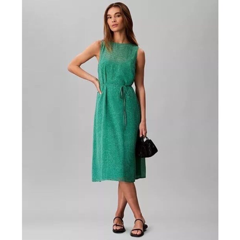 Calvin Klein Sleeveless Printed Chiffon Midi Dress Digital Green Large